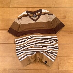 Southpole Striped V-Neck T-Shirt Mens Small Brown White Y2K Streetwear Tee